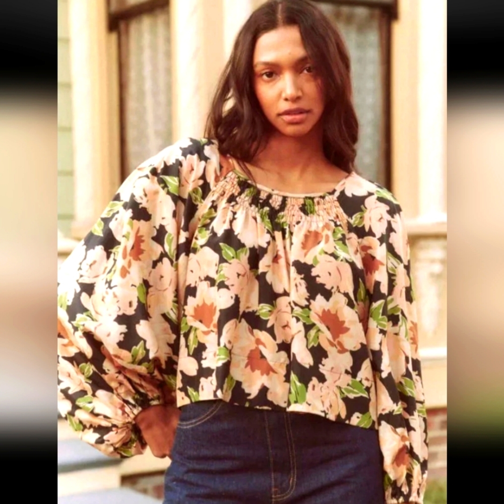 The Great The Magpie Blouse Top Cropped Floral Printed Shirring Silk, Sz Medium